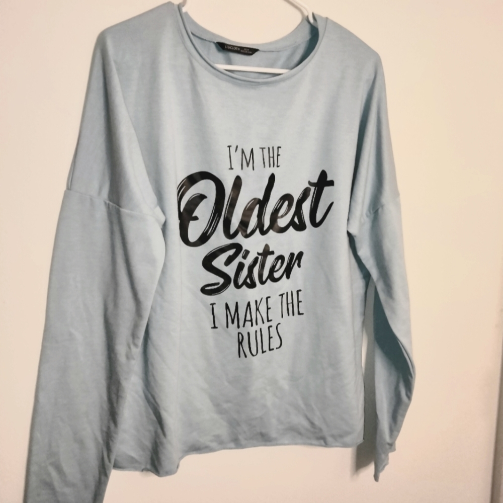 Lilicloth (Size M) Powder Blue "Oldest Sister" Graphic Crewneck LS Pullover